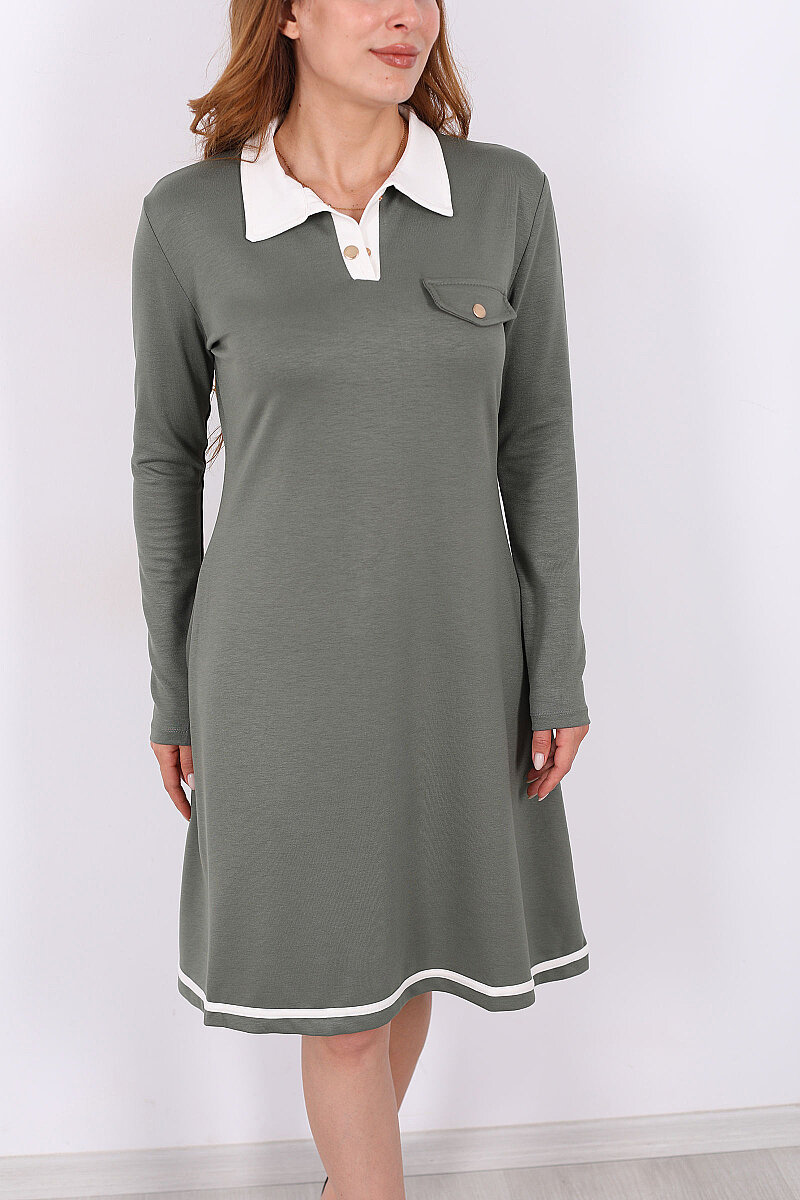 Polo Yaka Çağla Yeşili Kadın Çıtçıtlı Elbise - 2