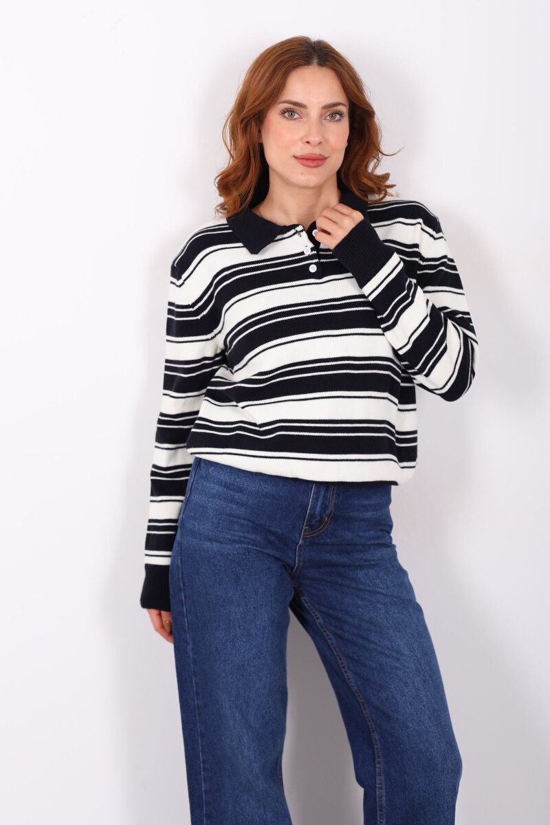 Polo Yaka Çizgili Lacivert Kadın Triko Kazak - 4