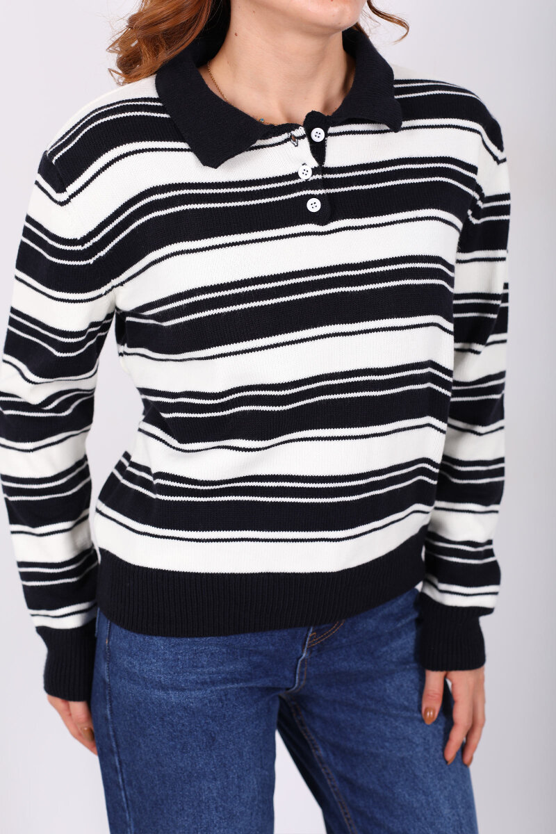 Polo Yaka Çizgili Lacivert Kadın Triko Kazak - 2