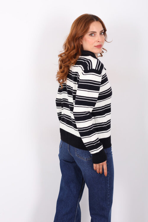 Polo Yaka Çizgili Lacivert Kadın Triko Kazak - 5