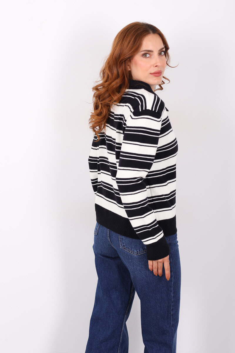 Polo Yaka Çizgili Lacivert Kadın Triko Kazak - 5