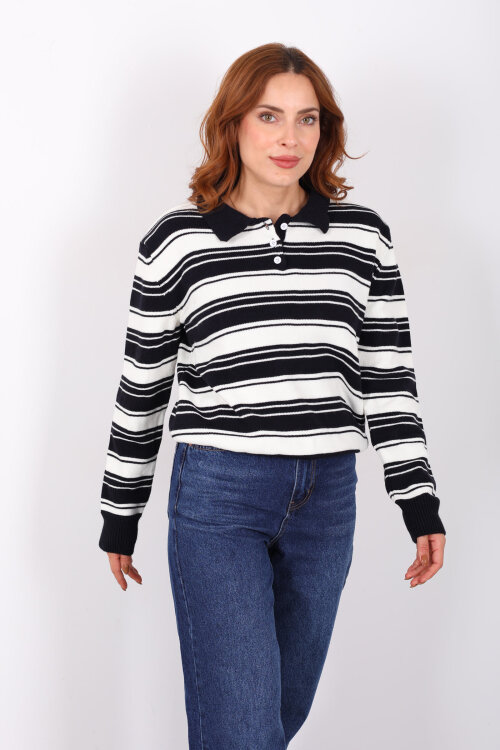 Polo Yaka Çizgili Lacivert Kadın Triko Kazak - 6
