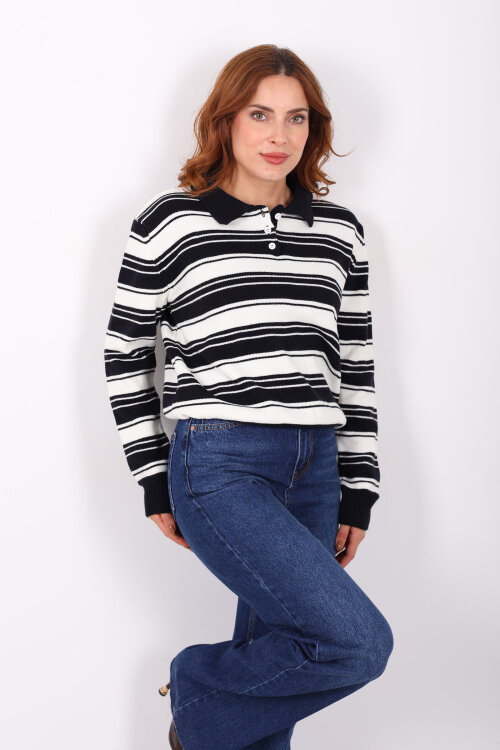 Polo Yaka Çizgili Lacivert Kadın Triko Kazak - 3