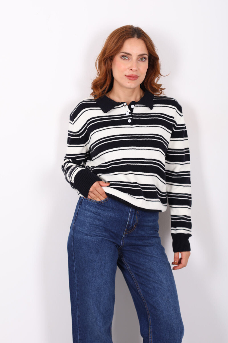 Polo Yaka Çizgili Lacivert Kadın Triko Kazak - 1
