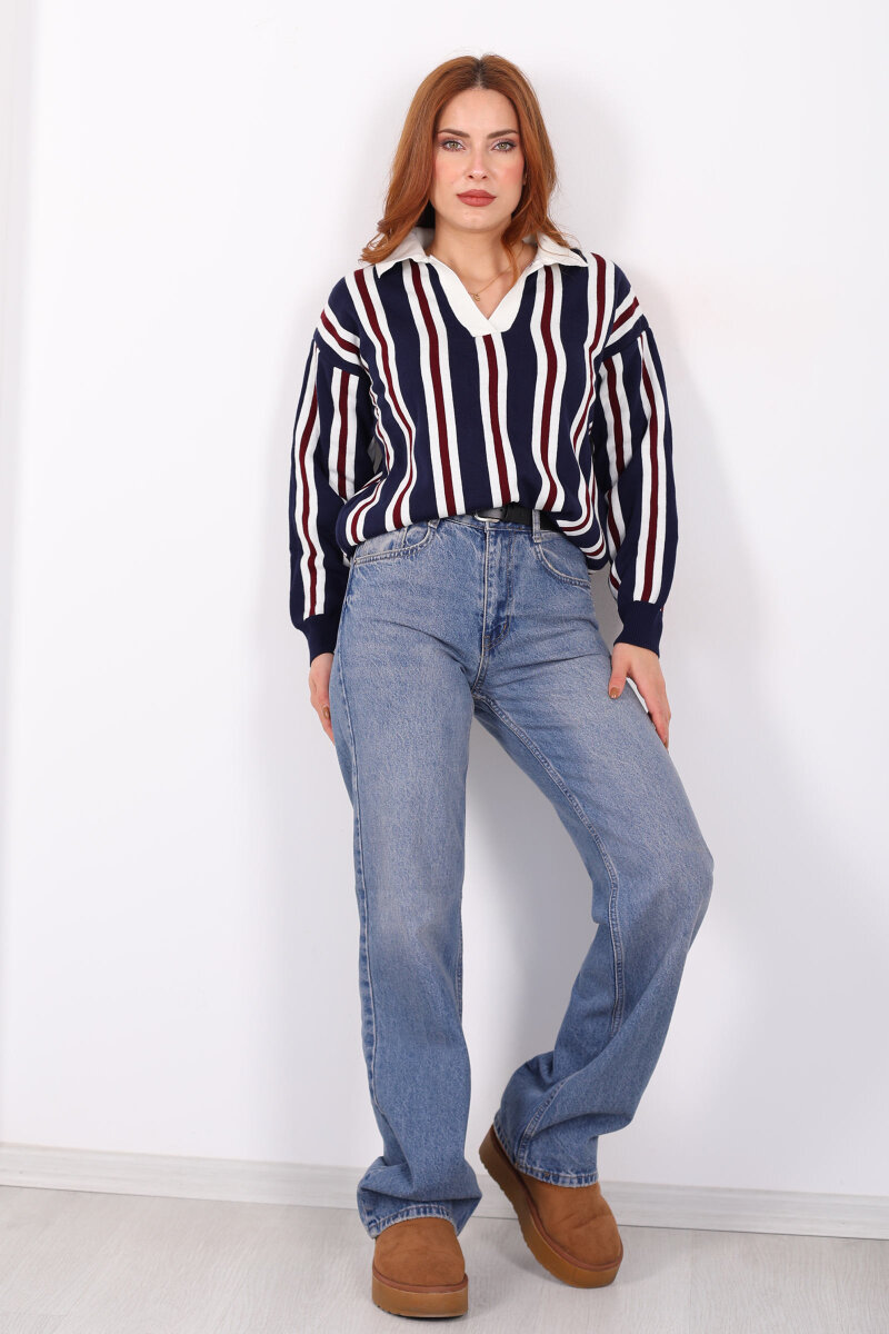  Polo Yaka Dikey Çizgili Lacivert Kadın Triko Kazak - 3