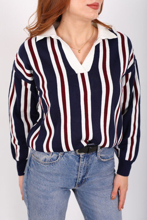  Polo Yaka Dikey Çizgili Lacivert Kadın Triko Kazak - Berox (1)