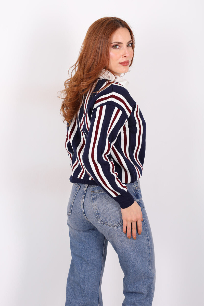  Polo Yaka Dikey Çizgili Lacivert Kadın Triko Kazak - 5