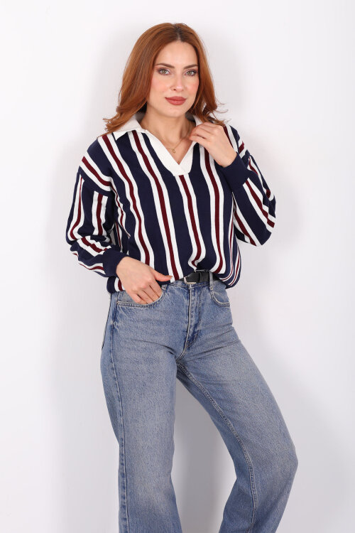  Polo Yaka Dikey Çizgili Lacivert Kadın Triko Kazak - Berox