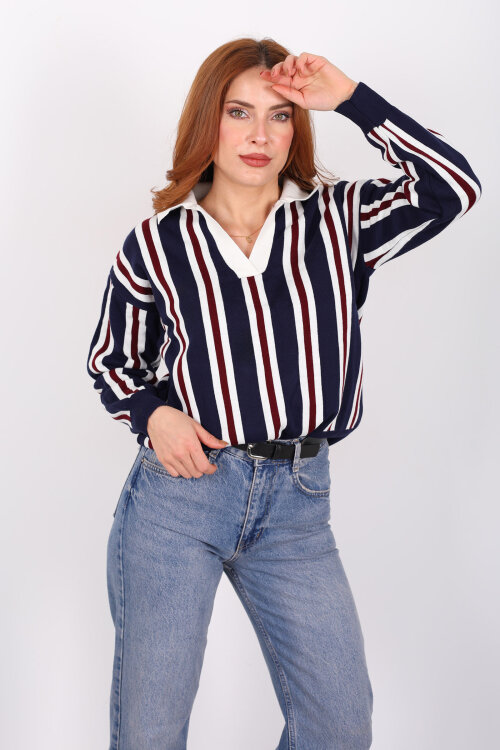  Polo Yaka Dikey Çizgili Lacivert Kadın Triko Kazak - 4