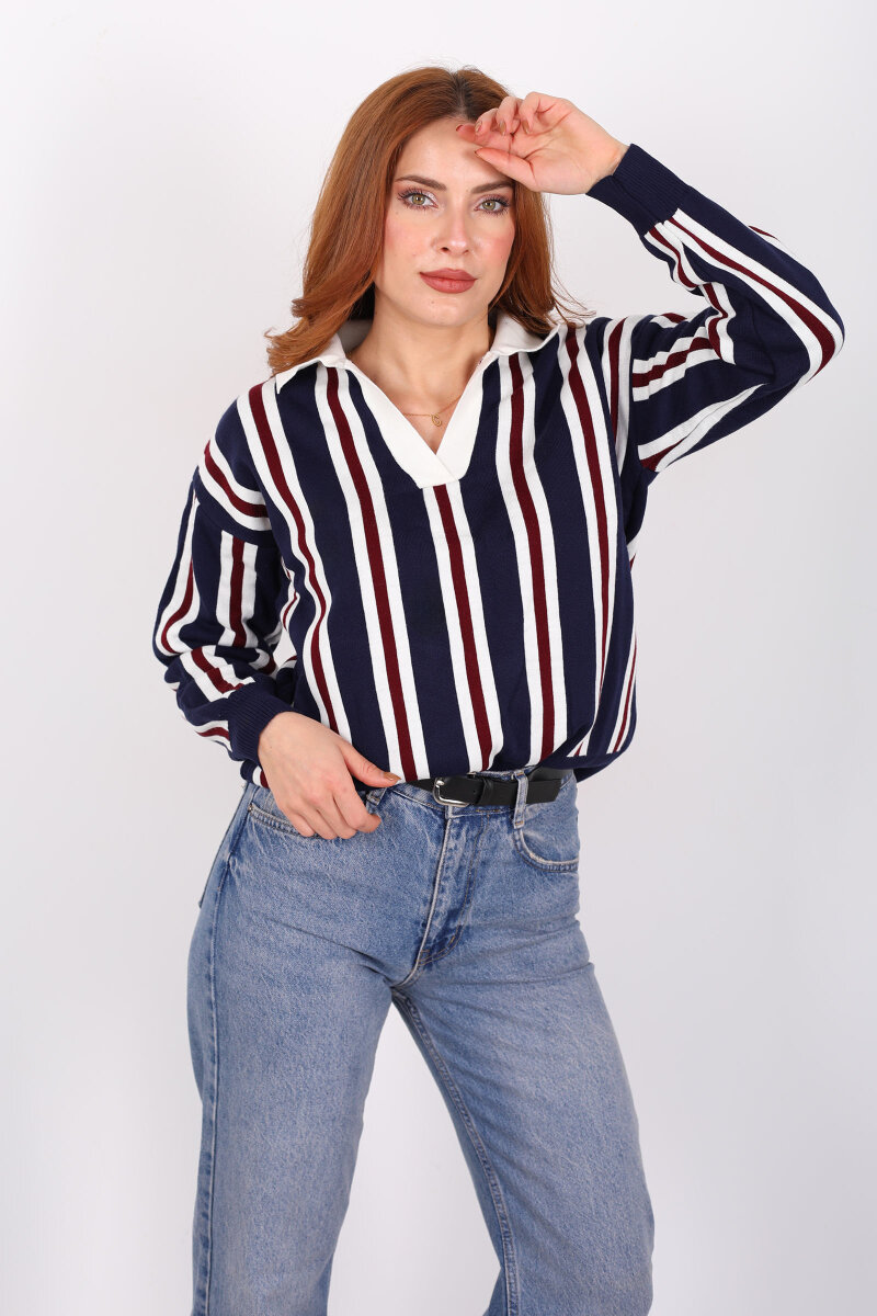  Polo Yaka Dikey Çizgili Lacivert Kadın Triko Kazak - 4