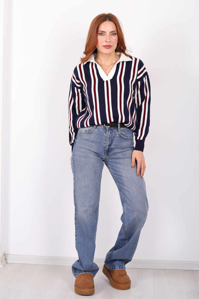  Polo Yaka Dikey Çizgili Lacivert Kadın Triko Kazak - 6