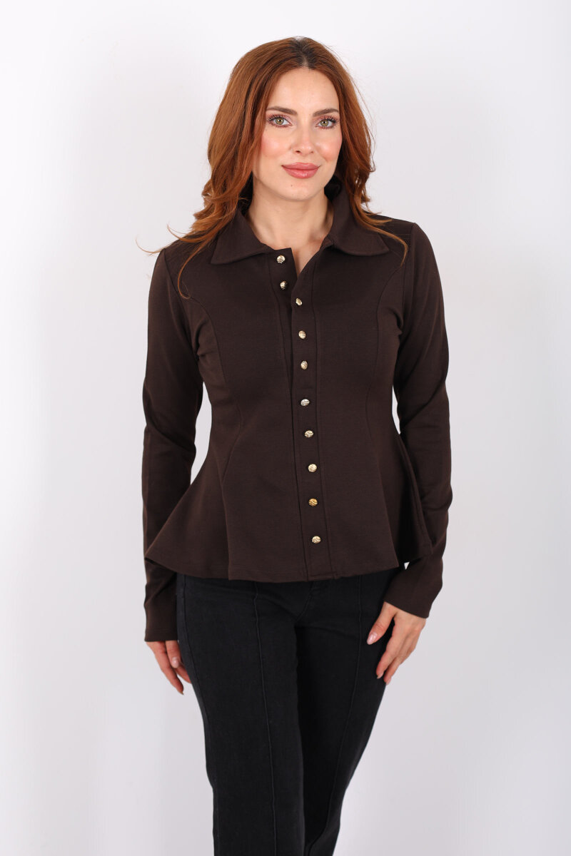 Polo Yaka Düğmeli Acı Kahve Kadın Volan Bluz - 4