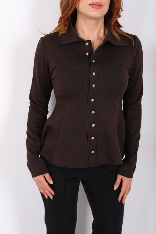 Polo Yaka Düğmeli Acı Kahve Kadın Volan Bluz - Berox (1)