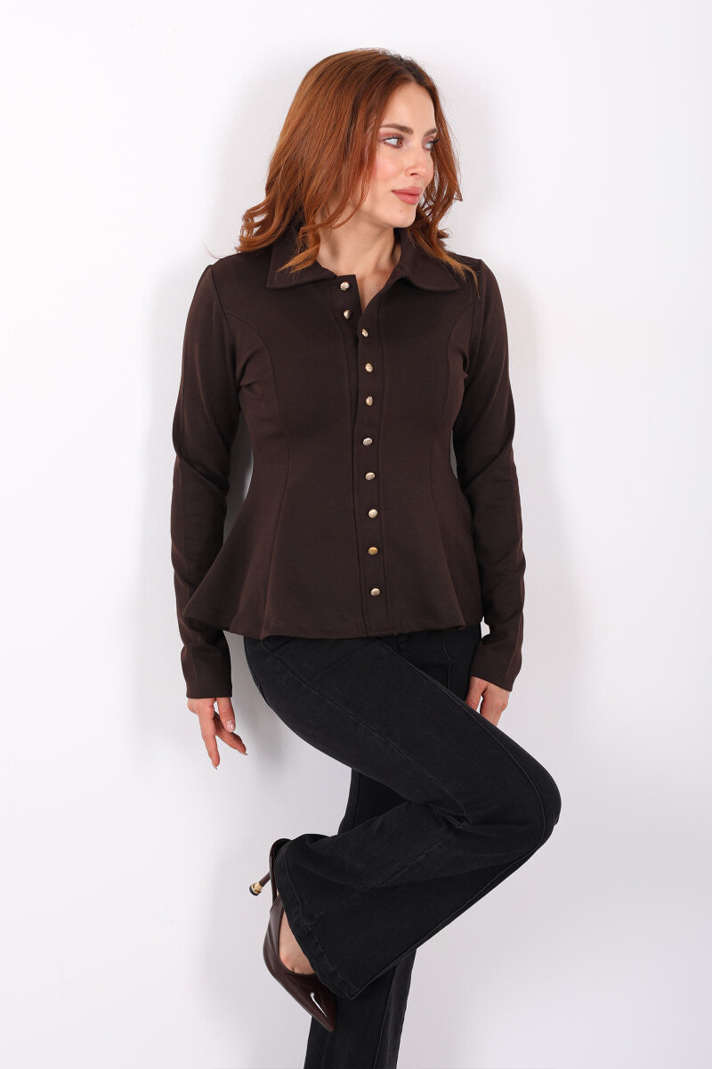 Polo Yaka Düğmeli Acı Kahve Kadın Volan Bluz - 1