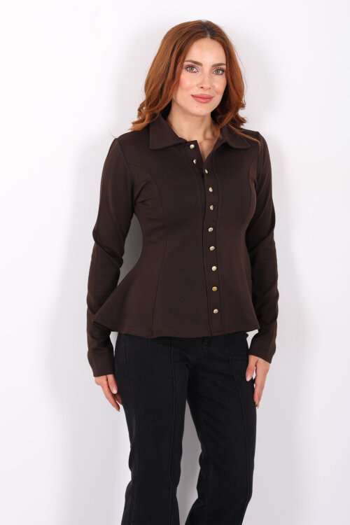 Polo Yaka Düğmeli Acı Kahve Kadın Volan Bluz - 6