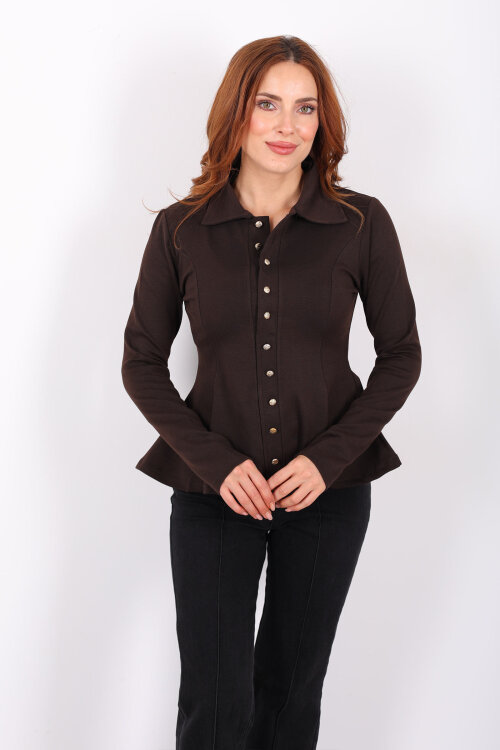 Polo Yaka Düğmeli Acı Kahve Kadın Volan Bluz - 3