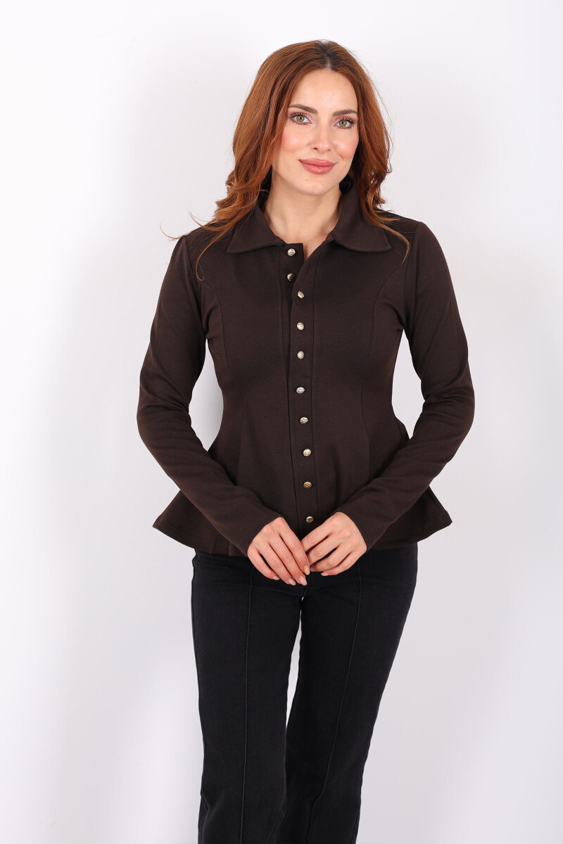 Polo Yaka Düğmeli Acı Kahve Kadın Volan Bluz - 3