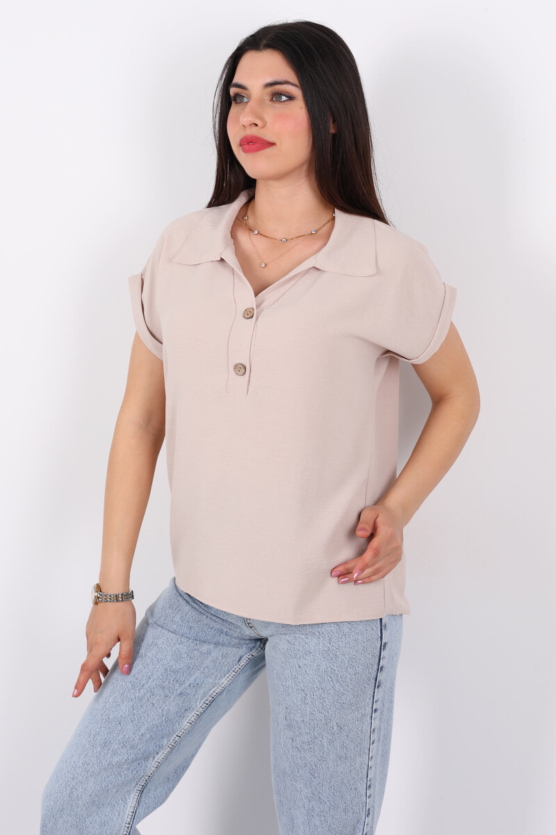 Polo Yaka Düğmeli Bej Kadın Ayrobin Bluz - 3