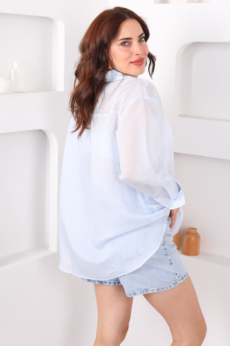 Polo Yaka Çizgili Transparan Oversize Mavi Kadın Gömlek - 2