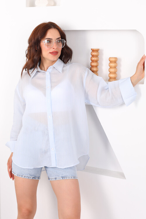 Polo Yaka Çizgili Transparan Oversize Mavi Kadın Gömlek - 4