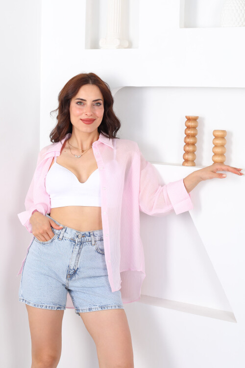 Polo Yaka Çizgili Transparan Oversize Pembe Kadın Gömlek - 4
