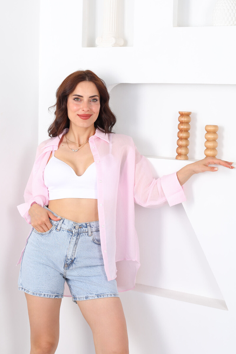 Polo Yaka Çizgili Transparan Oversize Pembe Kadın Gömlek - 4