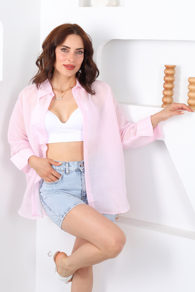 Polo Yaka Çizgili Transparan Oversize Pembe Kadın Gömlek - 1
