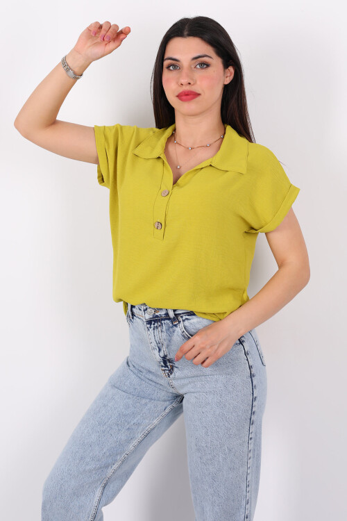 Polo Yaka Düğmeli Fıstık Yeşili Kadın Ayrobin Bluz - 4