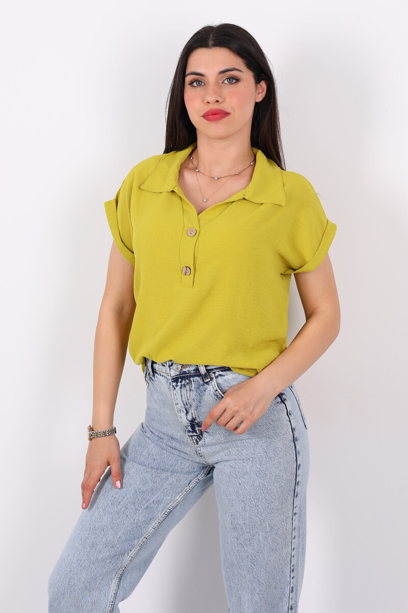 Polo Yaka Düğmeli Fıstık Yeşili Kadın Ayrobin Bluz - 3