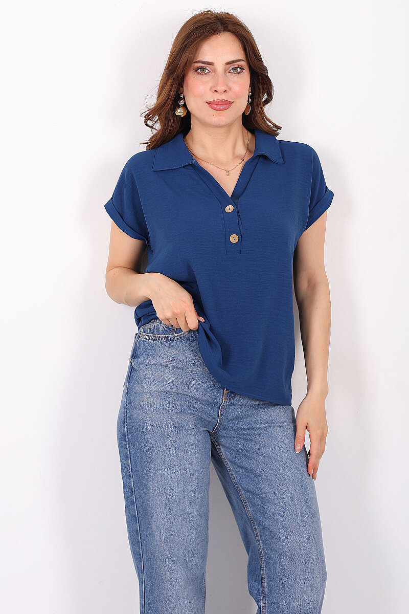 Polo Yaka Düğmeli Marin Kadın Ayrobin Bluz - 3