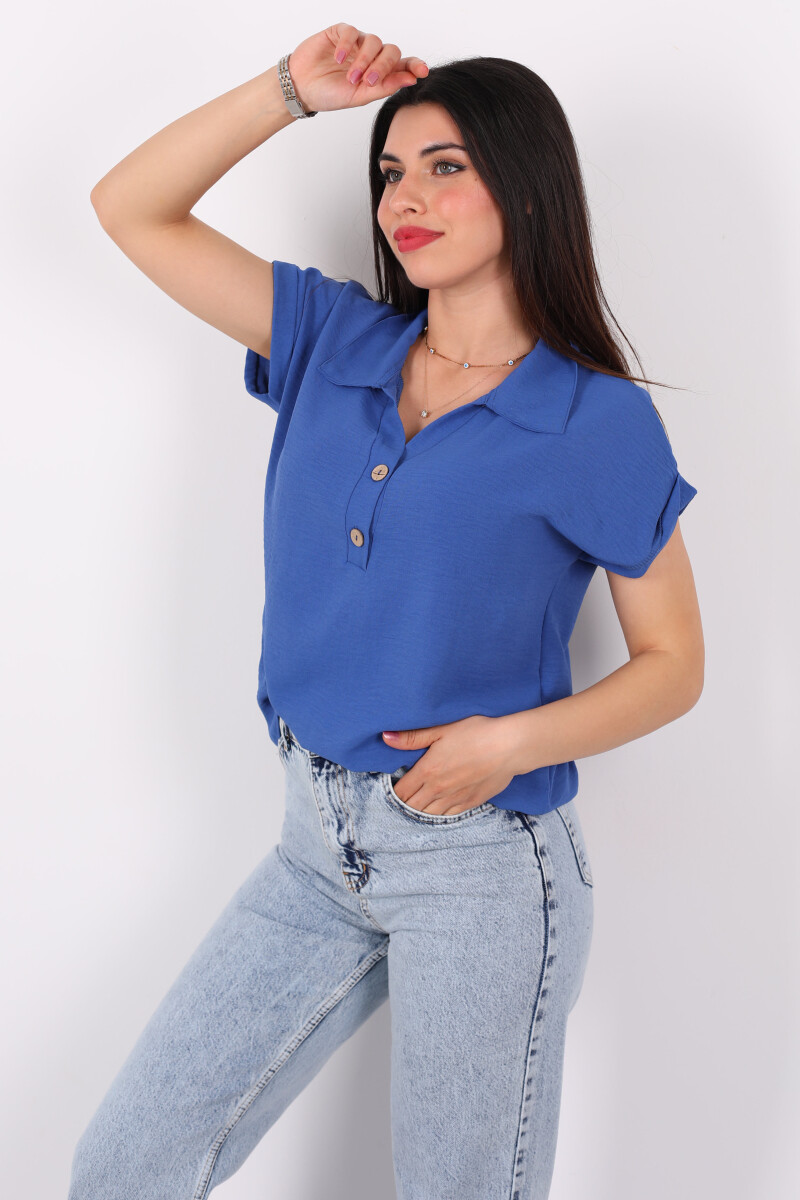 Polo Yaka Düğmeli Marin Kadın Ayrobin Bluz - 3
