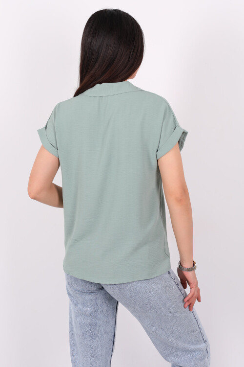 Polo Yaka Düğmeli Mint Yeşili Kadın Ayrobin Bluz - 5