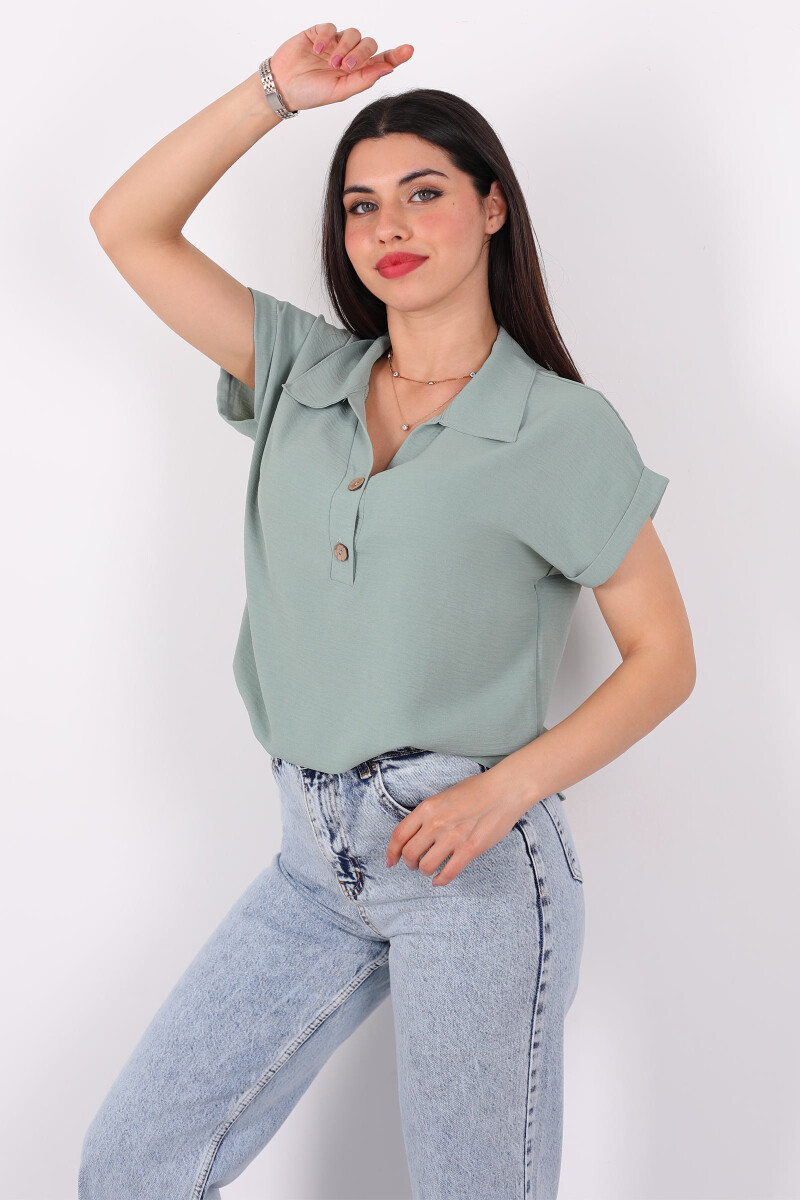 Polo Yaka Düğmeli Mint Yeşili Kadın Ayrobin Bluz - 1