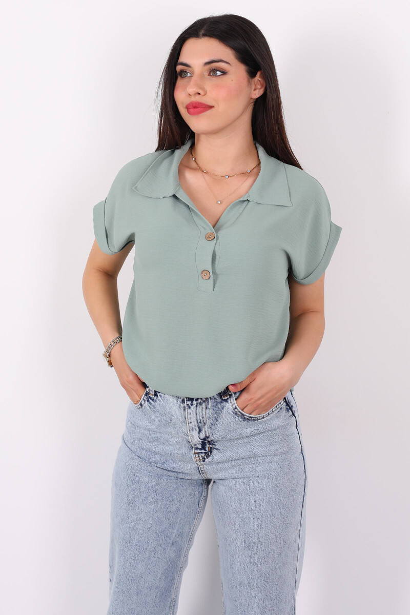 Polo Yaka Düğmeli Mint Yeşili Kadın Ayrobin Bluz - 3