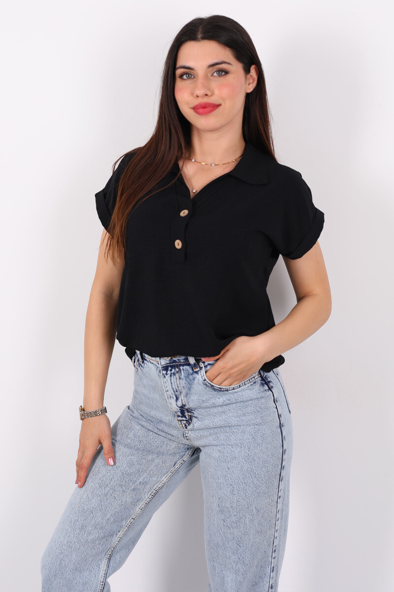 Polo Yaka Düğmeli Siyah Kadın Ayrobin Bluz - 3