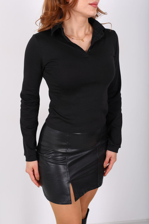 Polo Yaka Düğmeli Siyah Kadın Bluz - Berox (1)