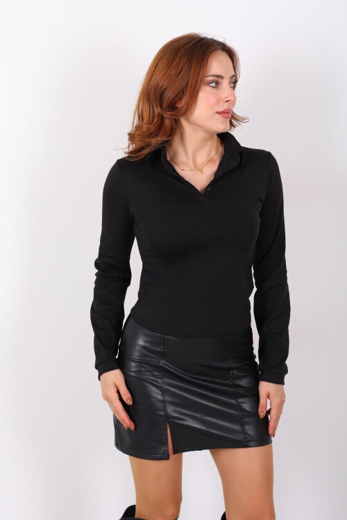 Polo Yaka Düğmeli Siyah Kadın Bluz - 4