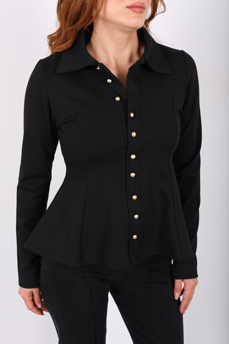 Polo Yaka Düğmeli Siyah Kadın Volan Bluz - 2