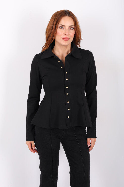 Polo Yaka Düğmeli Siyah Kadın Volan Bluz - 5