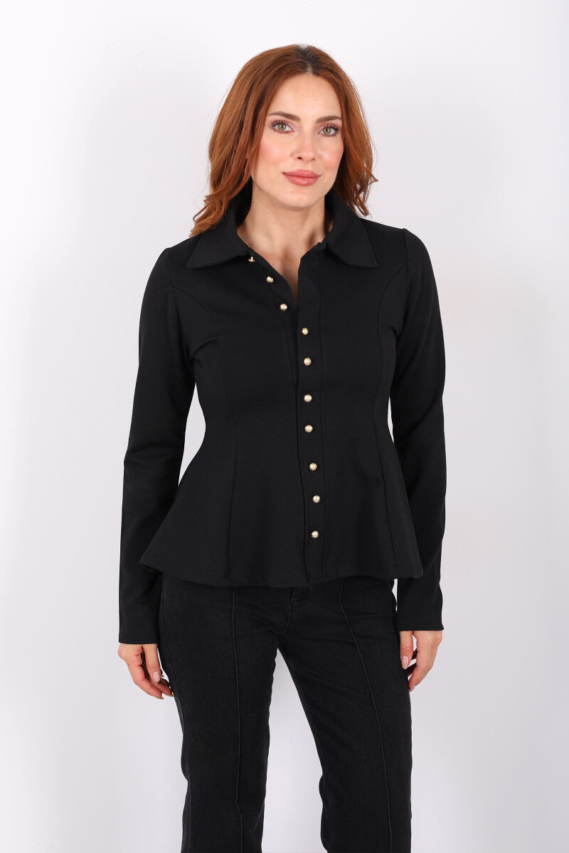 Polo Yaka Düğmeli Siyah Kadın Volan Bluz - 5