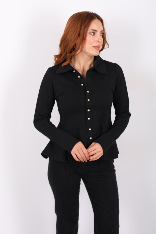 Polo Yaka Düğmeli Siyah Kadın Volan Bluz - Berox