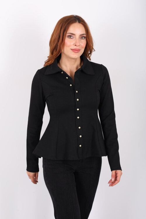 Polo Yaka Düğmeli Siyah Kadın Volan Bluz - 3