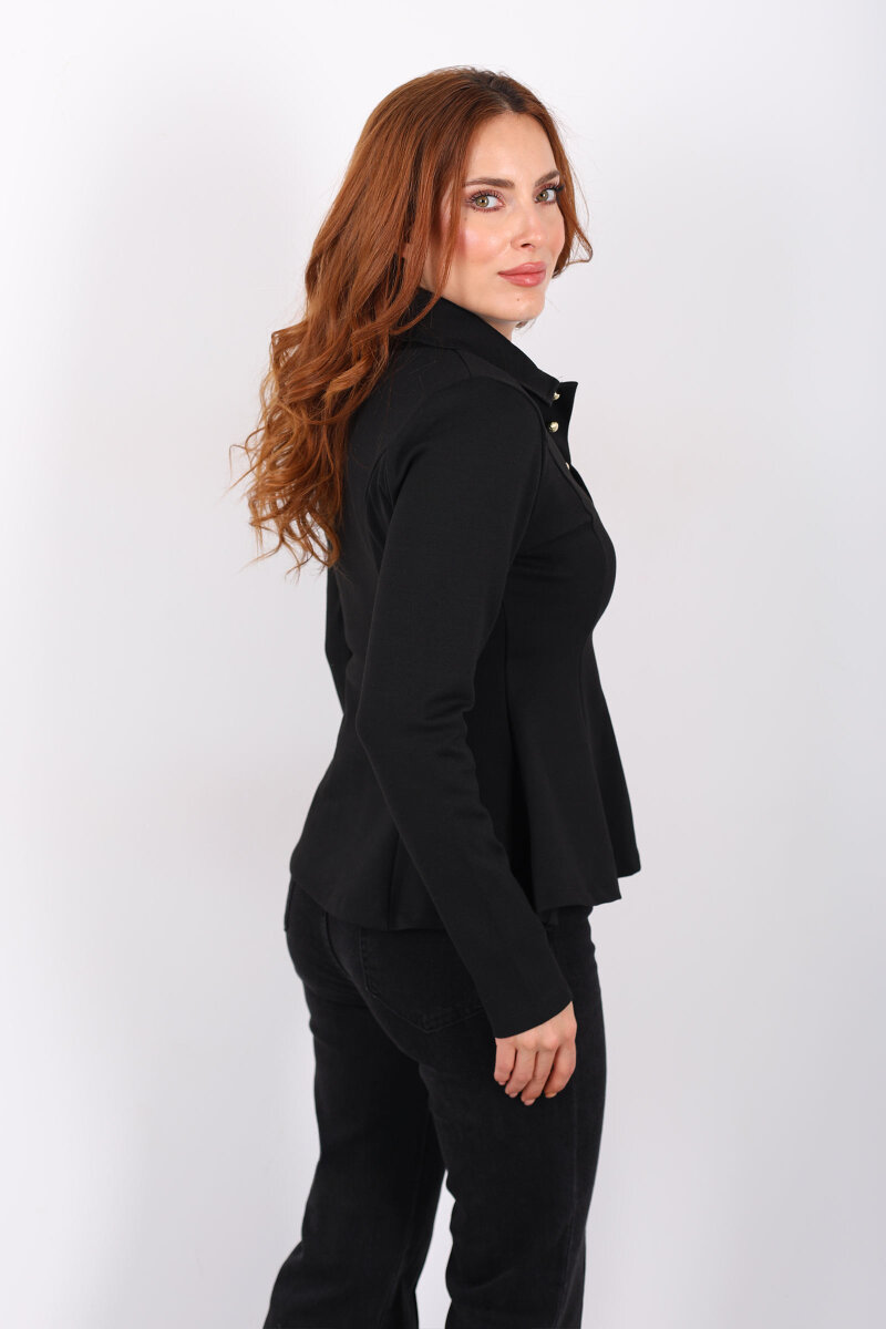 Polo Yaka Düğmeli Siyah Kadın Volan Bluz - 4