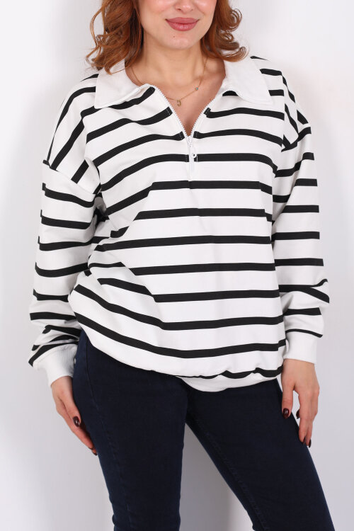 Polo Yaka Fermuarlı Çizgili Beyaz Kadın Oversize Sweat - Berox (1)