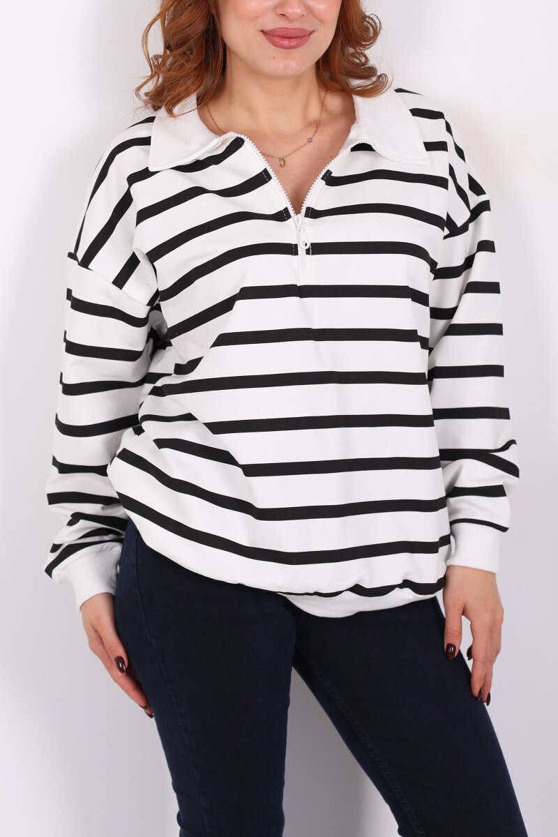 Polo Yaka Fermuarlı Çizgili Beyaz Kadın Oversize Sweat - 2