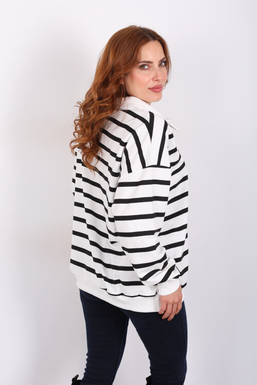 Polo Yaka Fermuarlı Çizgili Beyaz Kadın Oversize Sweat - 4