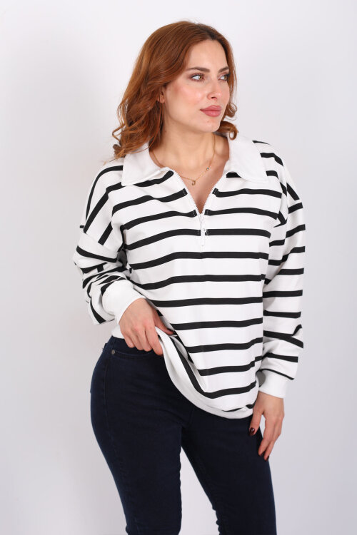 Polo Yaka Fermuarlı Çizgili Beyaz Kadın Oversize Sweat - 3