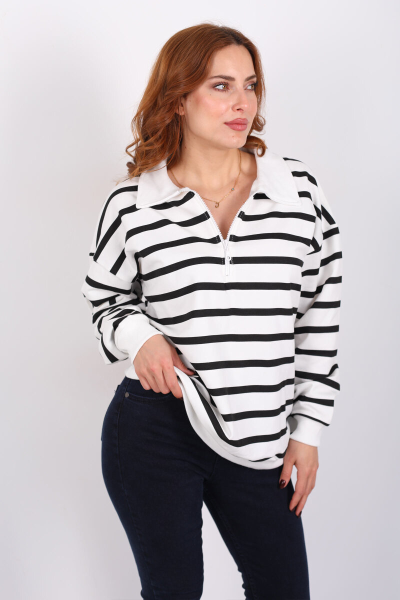 Polo Yaka Fermuarlı Çizgili Beyaz Kadın Oversize Sweat - 3