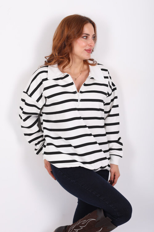 Polo Yaka Fermuarlı Çizgili Beyaz Kadın Oversize Sweat - Berox