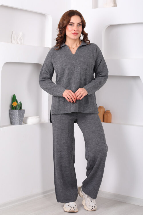 Polo Yaka Fitilli Antrasit Kadın Triko Takım - 7